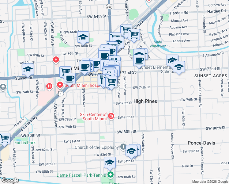 map of restaurants, bars, coffee shops, grocery stores, and more near 7401 Southwest 56th Avenue in Miami