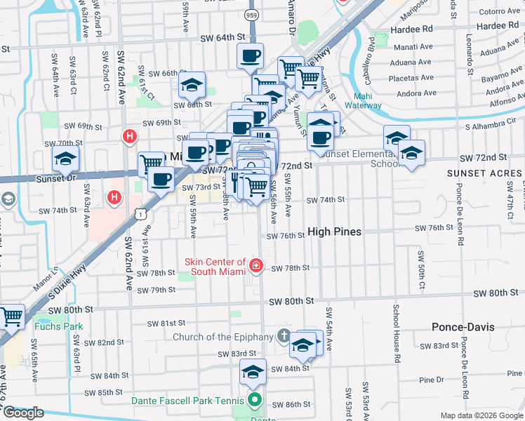 map of restaurants, bars, coffee shops, grocery stores, and more near 7401 Southwest 56th Avenue in Miami
