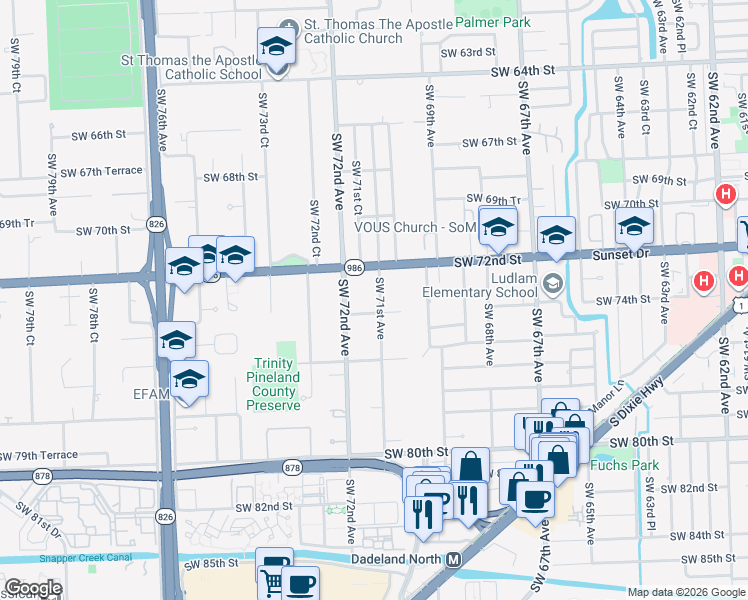 map of restaurants, bars, coffee shops, grocery stores, and more near 7100 Sunset Drive in Miami