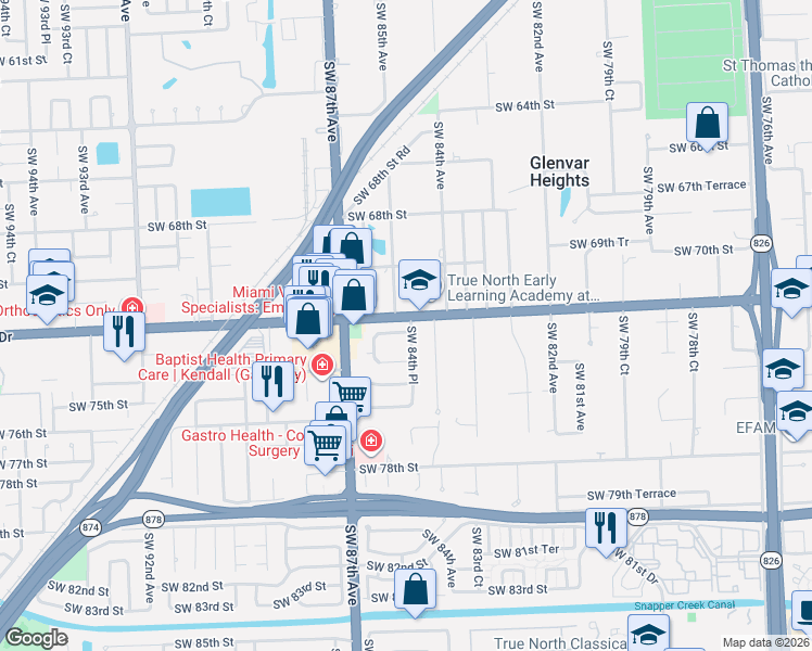 map of restaurants, bars, coffee shops, grocery stores, and more near in Glenvar Heights