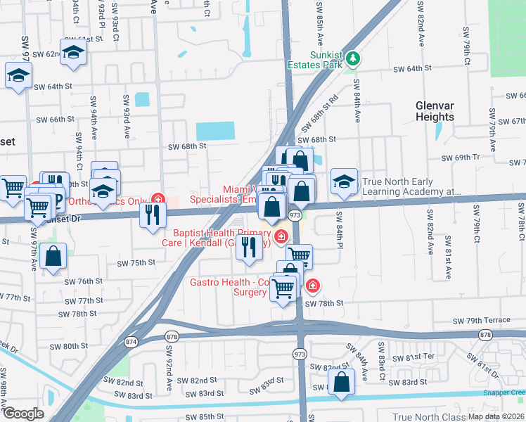 map of restaurants, bars, coffee shops, grocery stores, and more near 8755 Sunset Drive in Miami