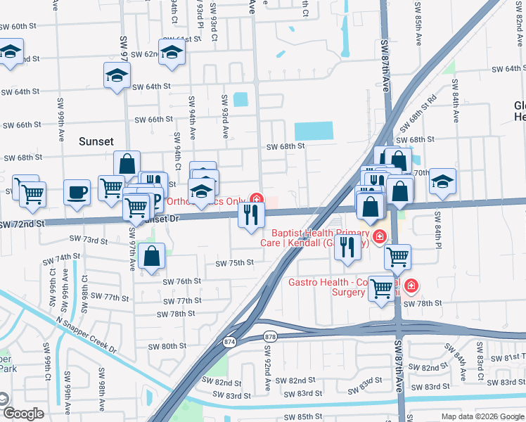 map of restaurants, bars, coffee shops, grocery stores, and more near 9193 Sunset Drive in Miami