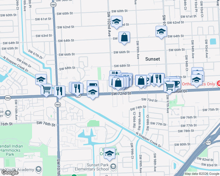 map of restaurants, bars, coffee shops, grocery stores, and more near 7103 Southwest 102nd Avenue in Miami