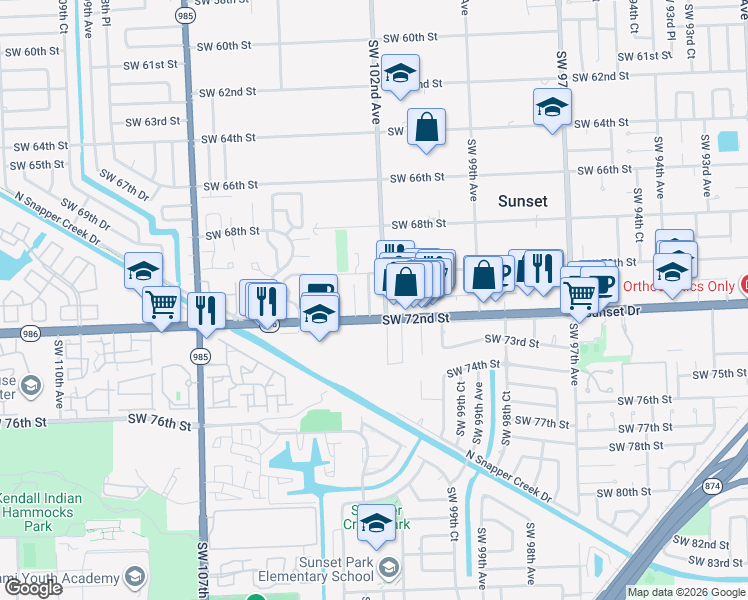 map of restaurants, bars, coffee shops, grocery stores, and more near 7103 Southwest 102nd Avenue in Miami