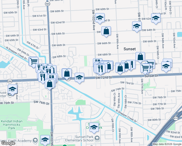 map of restaurants, bars, coffee shops, grocery stores, and more near 10271 Southwest 72nd Street in Miami