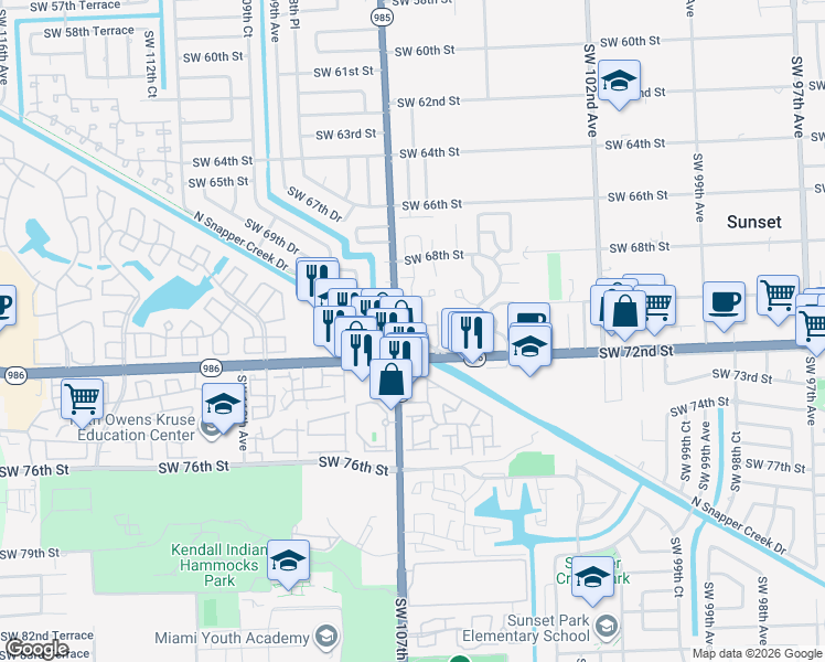 map of restaurants, bars, coffee shops, grocery stores, and more near 7023 Southwest 106th Place in Miami