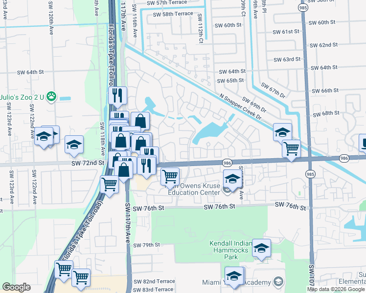 map of restaurants, bars, coffee shops, grocery stores, and more near 11343 Southwest 70th Terrace in Miami