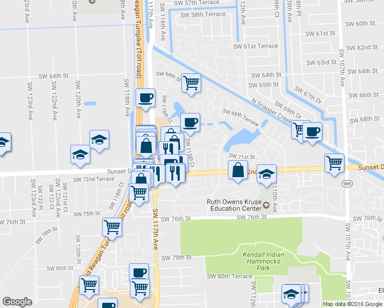 map of restaurants, bars, coffee shops, grocery stores, and more near 7014 Southwest 114th Place in Miami
