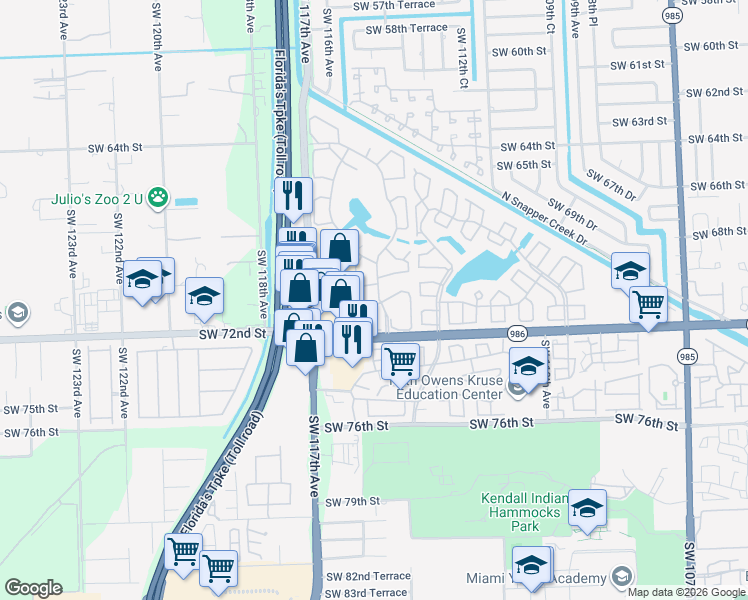 map of restaurants, bars, coffee shops, grocery stores, and more near 7014 Southwest 114th Place in Miami
