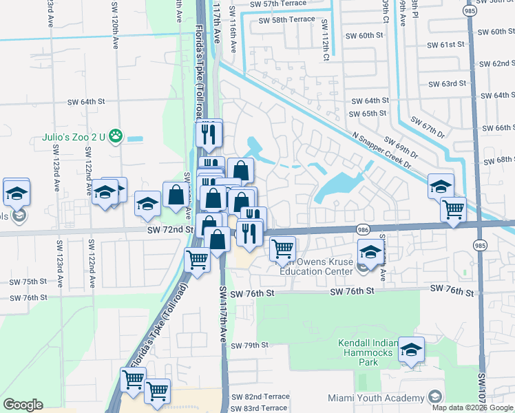 map of restaurants, bars, coffee shops, grocery stores, and more near 6957 Southwest 115th Place in Miami