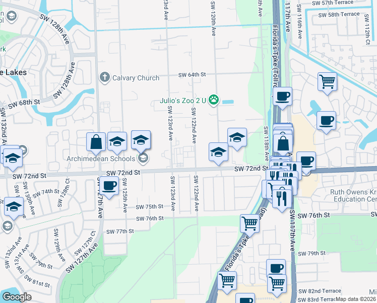 map of restaurants, bars, coffee shops, grocery stores, and more near 6900 Southwest 122nd Avenue in Miami