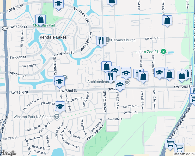 map of restaurants, bars, coffee shops, grocery stores, and more near 12738 Southwest 69th Terrace in Miami