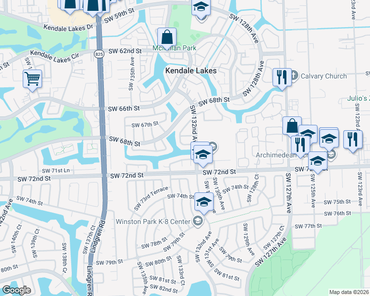 map of restaurants, bars, coffee shops, grocery stores, and more near 13235 Southwest 69th Terrace in Miami