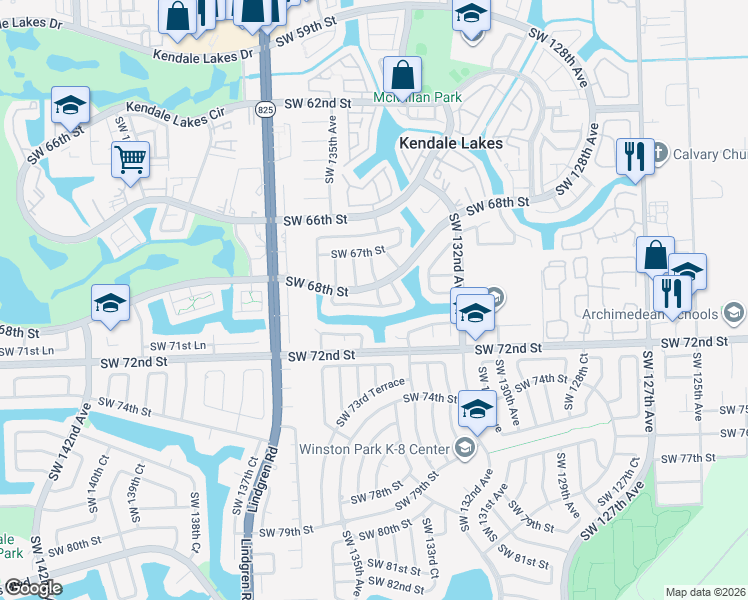 map of restaurants, bars, coffee shops, grocery stores, and more near 6804 Southwest 134th Court in Miami