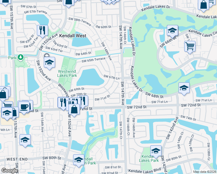 map of restaurants, bars, coffee shops, grocery stores, and more near 6905 Southwest 148th Court in Miami
