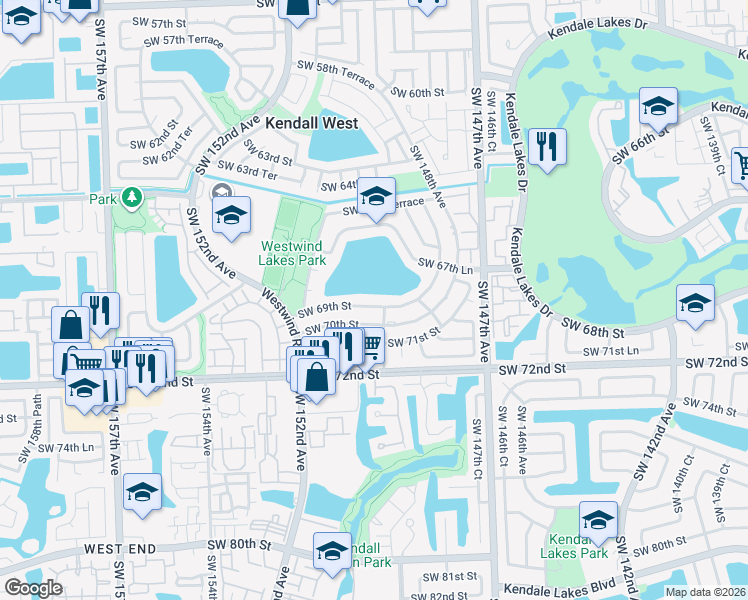 map of restaurants, bars, coffee shops, grocery stores, and more near 14961 Southwest 69th Street in Miami
