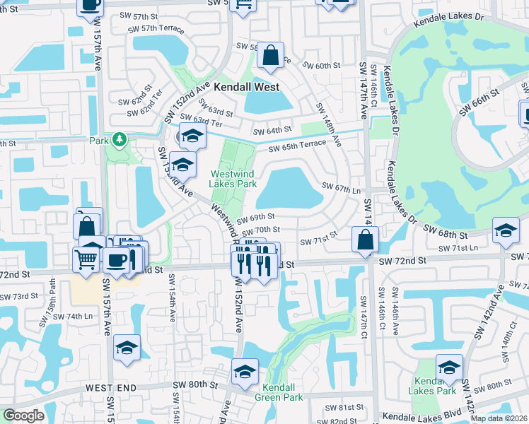 map of restaurants, bars, coffee shops, grocery stores, and more near 15060 Southwest 68th Lane in Miami