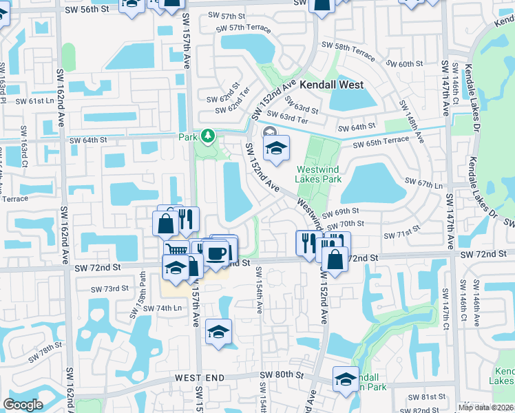 map of restaurants, bars, coffee shops, grocery stores, and more near 15236 Southwest 68th Street in Miami