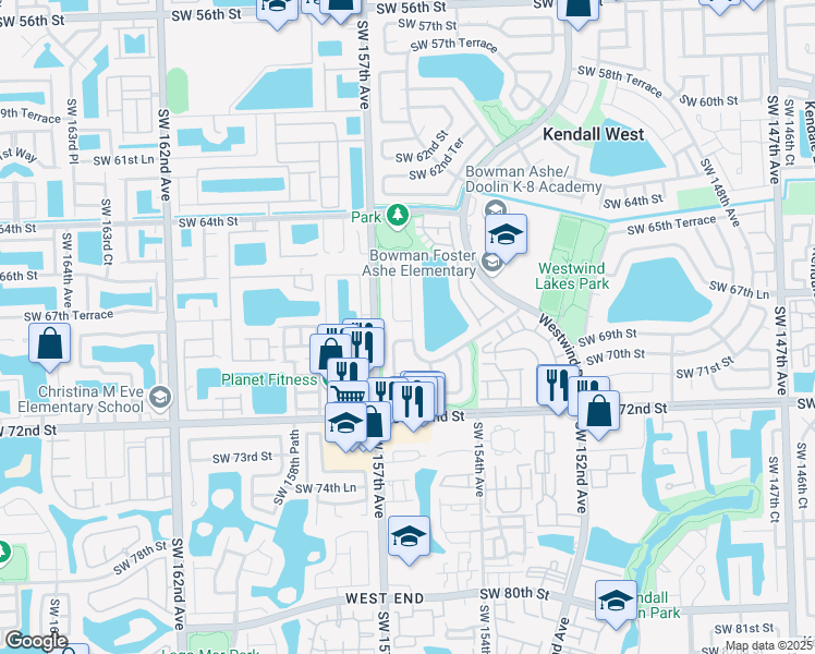 map of restaurants, bars, coffee shops, grocery stores, and more near 6841 Southwest 155th Avenue in Miami