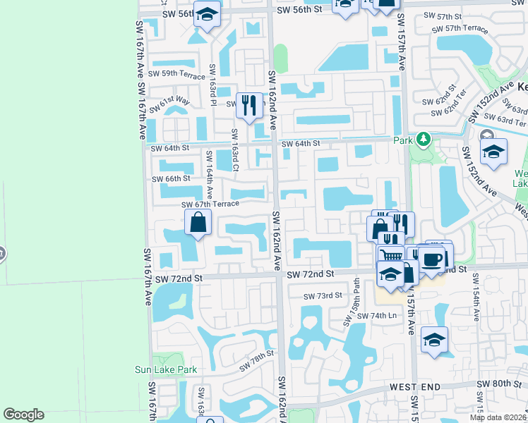 map of restaurants, bars, coffee shops, grocery stores, and more near 16224 Southwest 67th Terrace in Miami