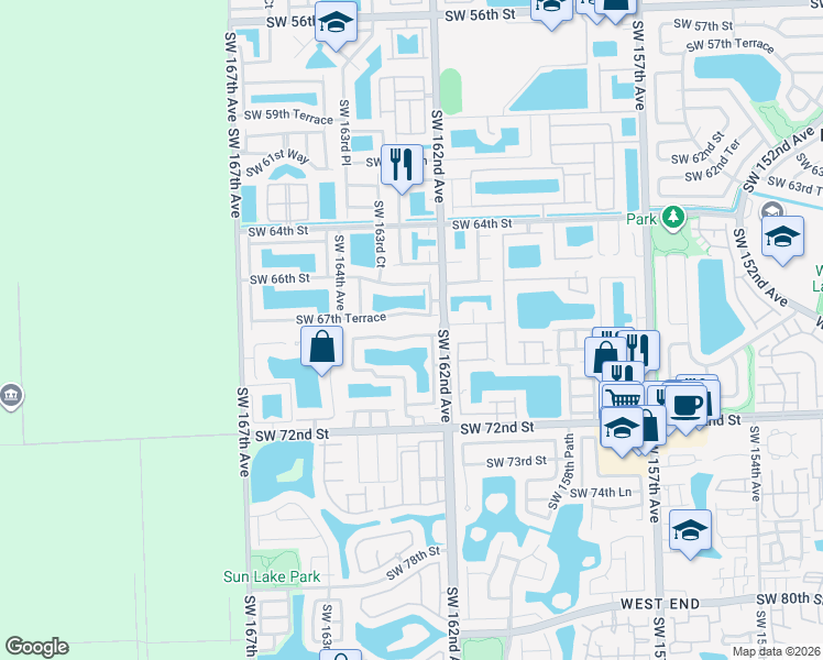map of restaurants, bars, coffee shops, grocery stores, and more near 16224 Southwest 67th Terrace in Miami