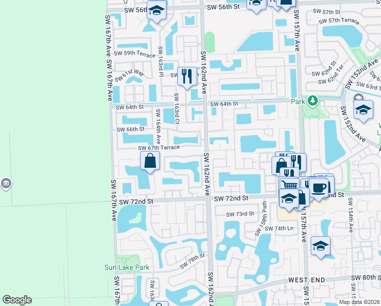 map of restaurants, bars, coffee shops, grocery stores, and more near 16224 Southwest 67th Terrace in Miami