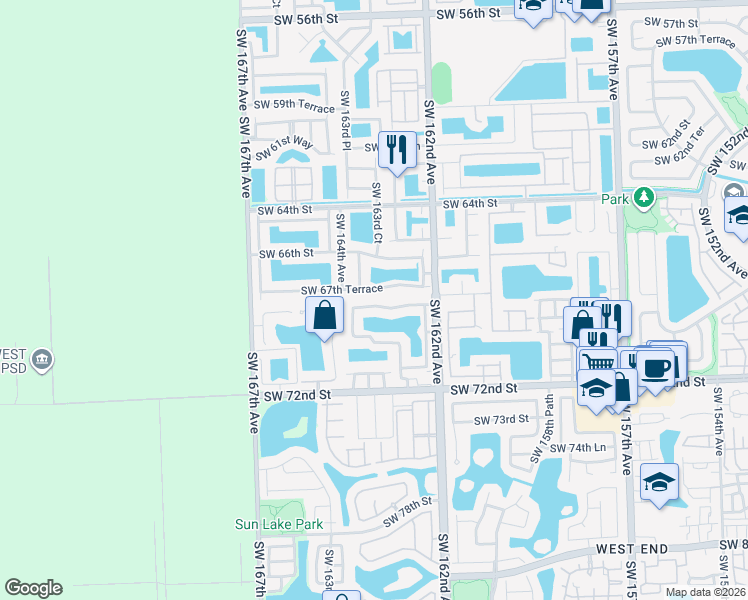 map of restaurants, bars, coffee shops, grocery stores, and more near 16324 Southwest 67th Terrace in Miami