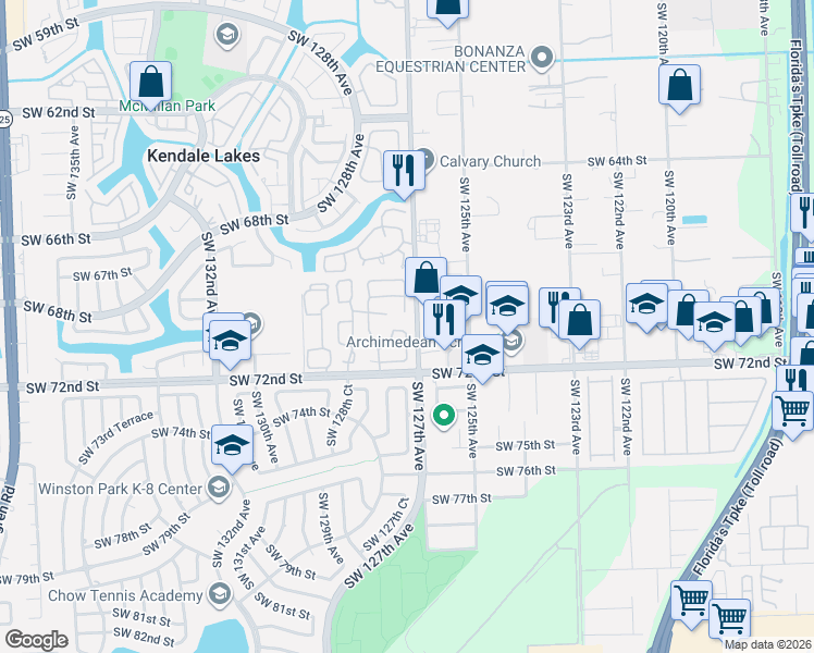 map of restaurants, bars, coffee shops, grocery stores, and more near 6921 Southwest 127th Court in Miami