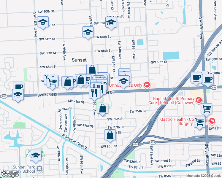 map of restaurants, bars, coffee shops, grocery stores, and more near 9485 Southwest 72nd Street in Miami