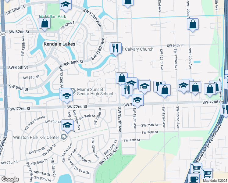 map of restaurants, bars, coffee shops, grocery stores, and more near 12738 Southwest 69th Terrace in Miami