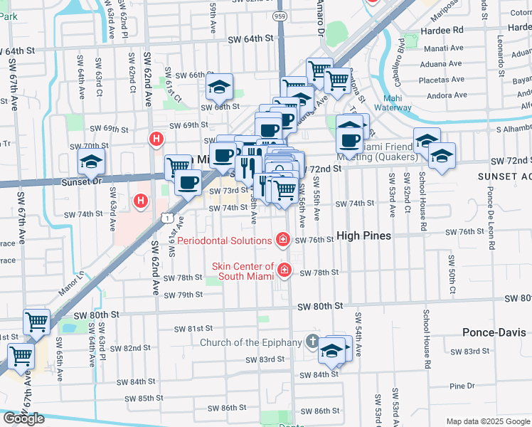 map of restaurants, bars, coffee shops, grocery stores, and more near 5791 Southwest 74th Terrace in South Miami
