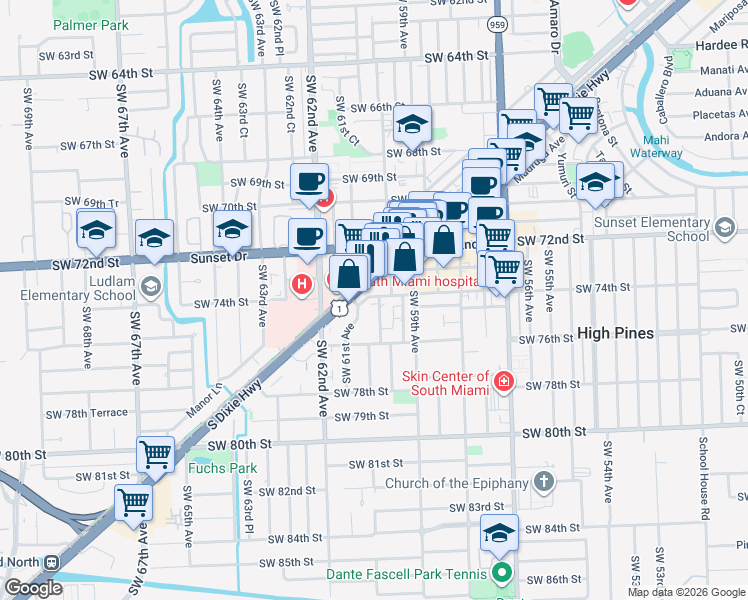 map of restaurants, bars, coffee shops, grocery stores, and more near 5966 South Dixie Highway in South Miami