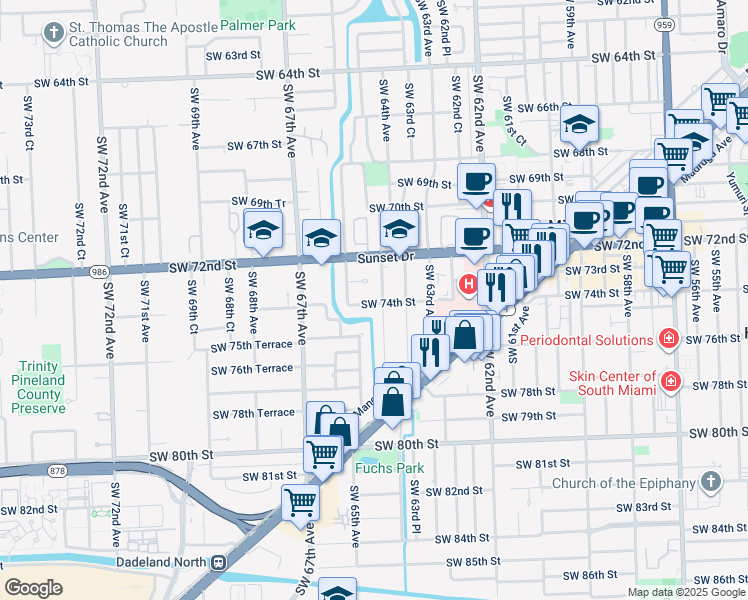 map of restaurants, bars, coffee shops, grocery stores, and more near 7321 Southwest 64th Court in South Miami
