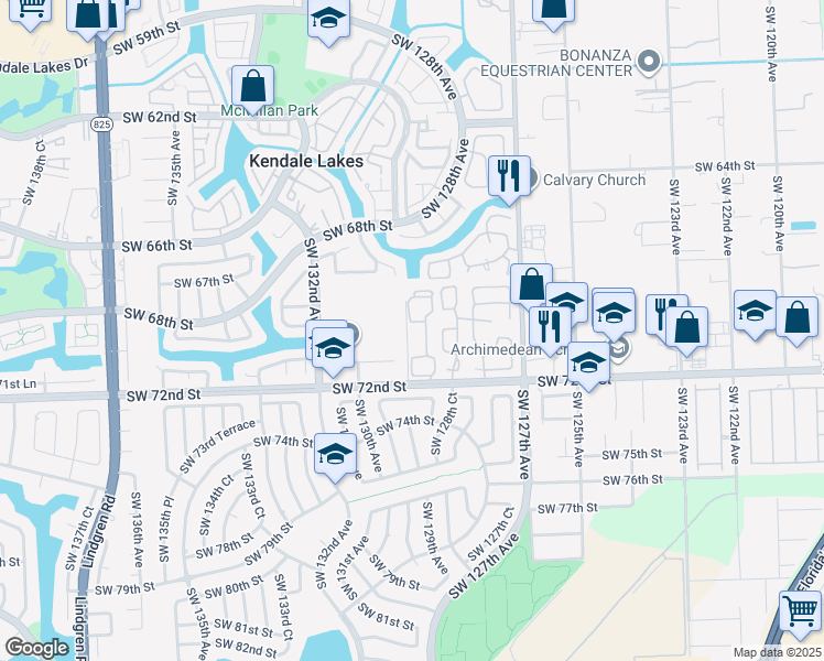 map of restaurants, bars, coffee shops, grocery stores, and more near 6931 Southwest 129th Avenue in Miami