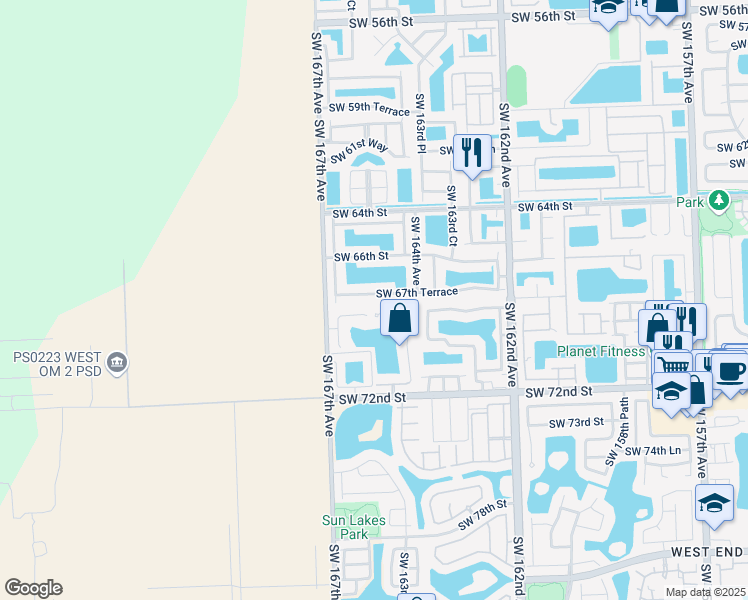 map of restaurants, bars, coffee shops, grocery stores, and more near 16453 Southwest 67th Terrace in Miami