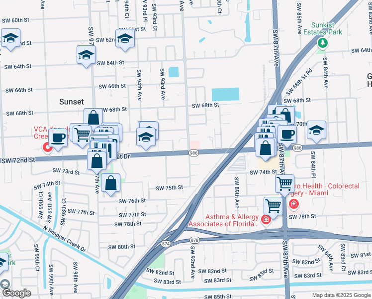 map of restaurants, bars, coffee shops, grocery stores, and more near 9211 Sunset Drive in Miami