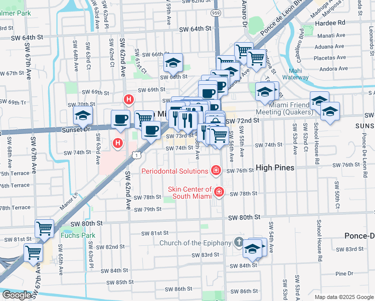 map of restaurants, bars, coffee shops, grocery stores, and more near 5801 Southwest 74th Terrace in South Miami
