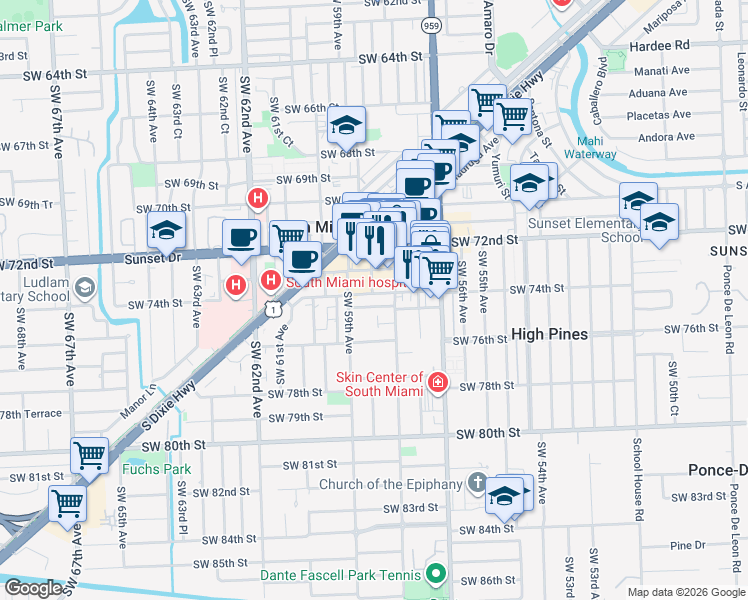 map of restaurants, bars, coffee shops, grocery stores, and more near 5839 Southwest 74th Terrace in South Miami