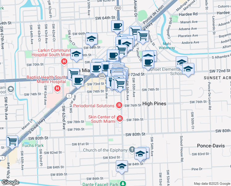 map of restaurants, bars, coffee shops, grocery stores, and more near 5730 Southwest 74th Street in South Miami