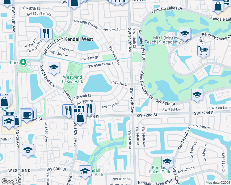 map of restaurants, bars, coffee shops, grocery stores, and more near 6935 Southwest 148th Court in Miami