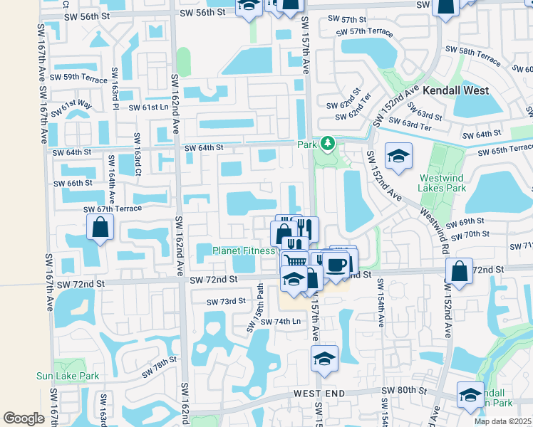 map of restaurants, bars, coffee shops, grocery stores, and more near 15855 Southwest 68th Terrace in Miami