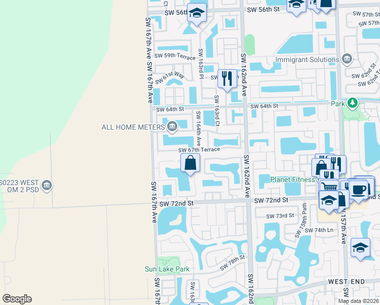 map of restaurants, bars, coffee shops, grocery stores, and more near 16436 Southwest 67th Terrace in Miami