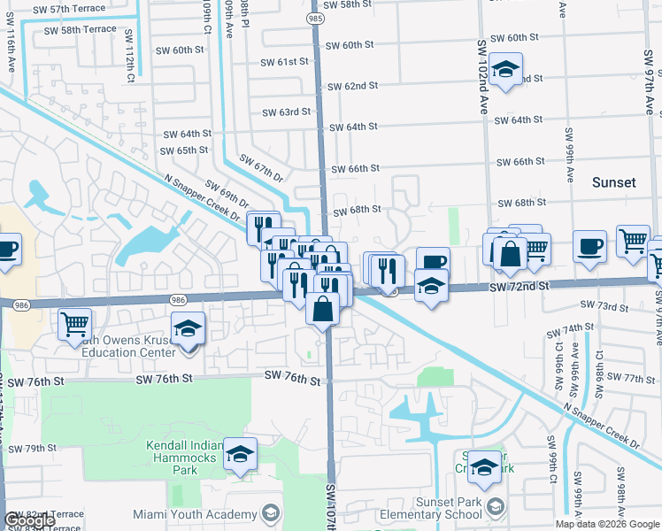 map of restaurants, bars, coffee shops, grocery stores, and more near 7023 Southwest 106th Place in Miami