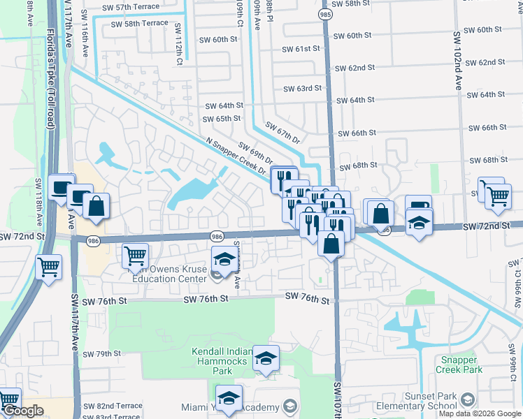 map of restaurants, bars, coffee shops, grocery stores, and more near 7013 Southwest 109th Court in Miami