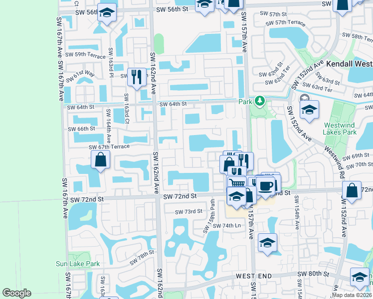 map of restaurants, bars, coffee shops, grocery stores, and more near 6750 Southwest 159th Place in Miami