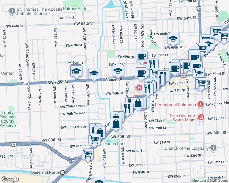 map of restaurants, bars, coffee shops, grocery stores, and more near 7321 Southwest 64th Court in South Miami