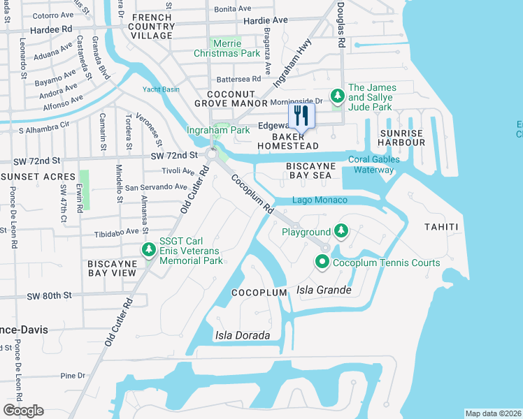 map of restaurants, bars, coffee shops, grocery stores, and more near 7111 Los Pinos Boulevard in Coral Gables