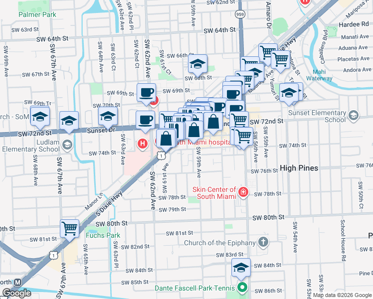 map of restaurants, bars, coffee shops, grocery stores, and more near 5950 Southwest 74th Street in Miami