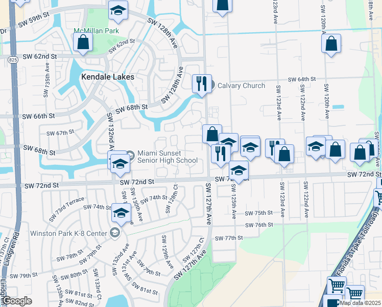 map of restaurants, bars, coffee shops, grocery stores, and more near 12738 Southwest 69th Terrace in Miami