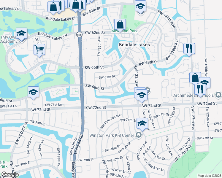 map of restaurants, bars, coffee shops, grocery stores, and more near 6804 Southwest 134th Court in Miami